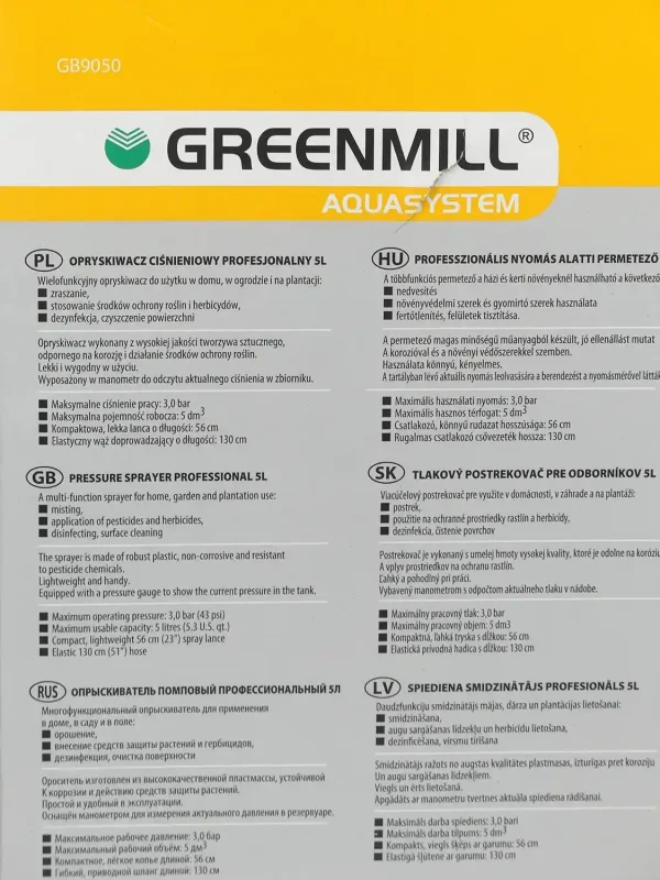 Opryskiwacz Ciśnieniowy z Manometrem Z Akcesoriami 5l Greenmill 4